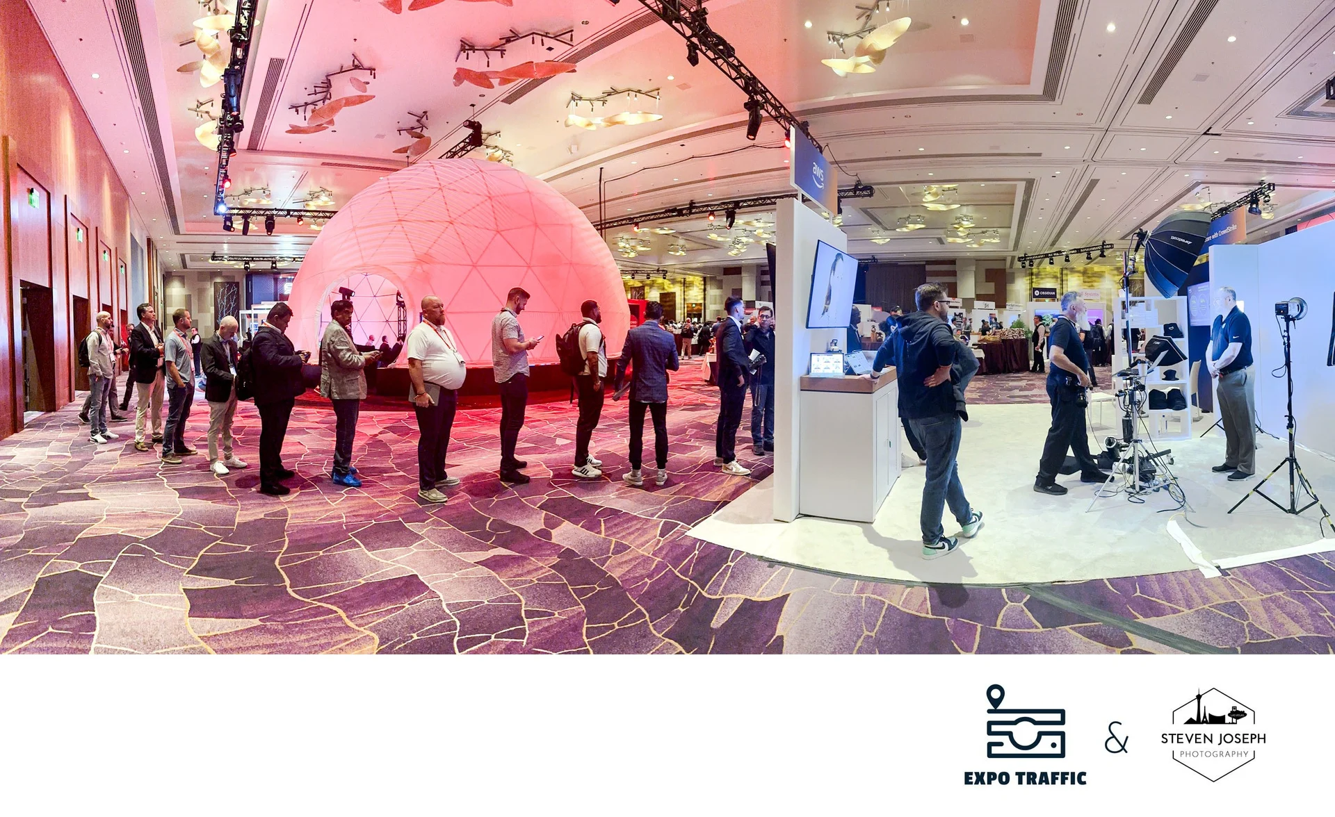 Attendee queue at CrowdStrike Fal.Con headshot lounge, Las Vegas, 2024